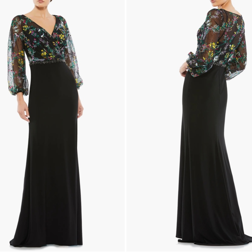 Mac Duggal Embroidered Mesh Puff Long Sleeve Column Gown - Size 4